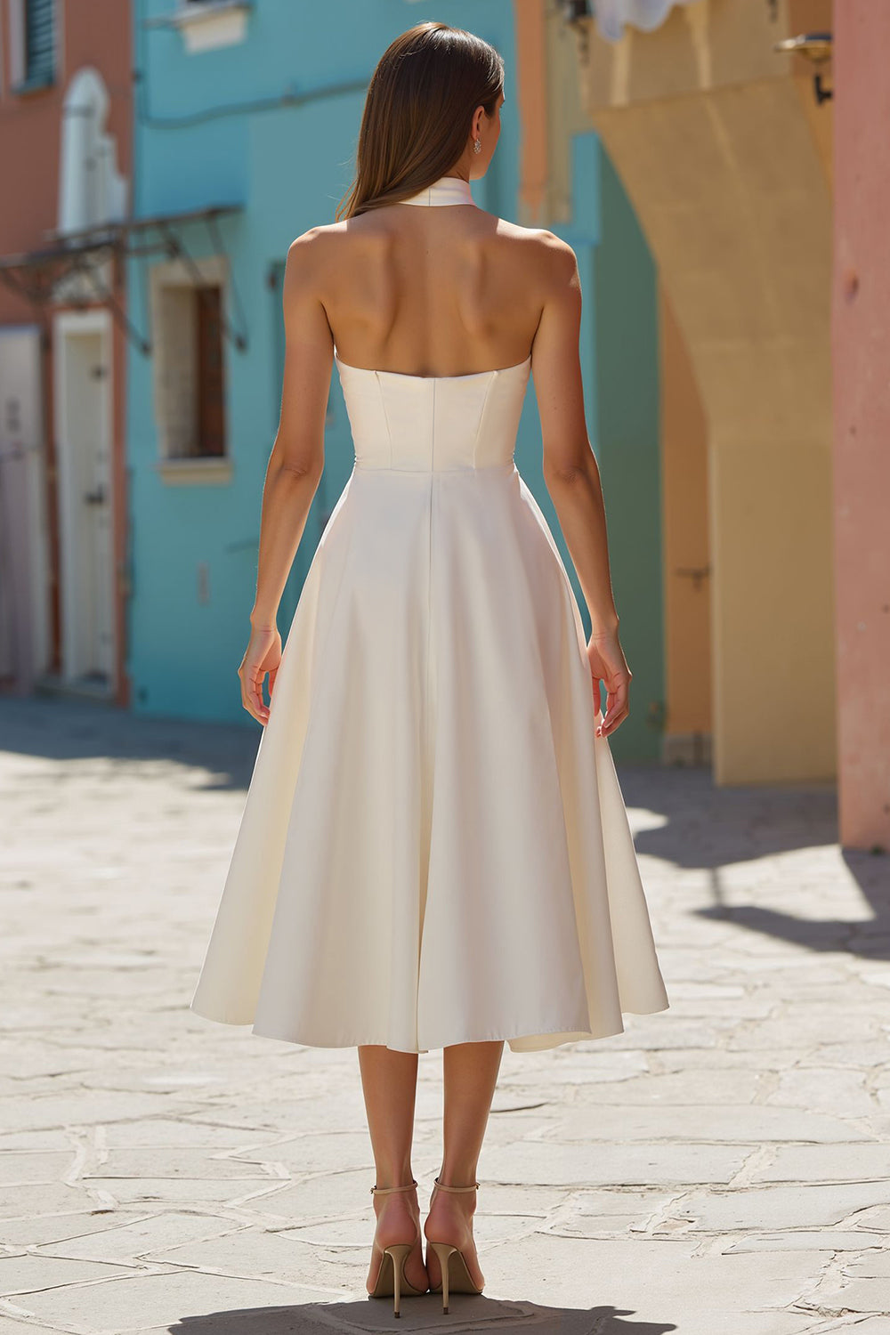 Zapaka Women White Midi Hollow Out Wedding Dress Halter A-Line Sleeveless Satin Bridal Dress ZAPAKA NZ Zapaka Women White Midi Hollow Out Wedding Dress Halter A-Line Sleeveless Satin Bridal Dress ZAPAKA NZ