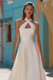 White Midi Halter A-Line Hollow Out Wedding Dress