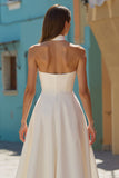 White Midi Halter A-Line Hollow Out Wedding Dress