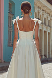 White Spaghetti Straps A-Line Midi Wedding Dress with Bow