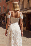 White Cold Shoulder A-Line Lace Appliqued Midi Wedding Dress