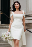 White Cold Shoulder Sheath Mini Wedding Dress with Bow