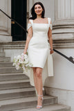 White Cold Shoulder Sheath Mini Wedding Dress with Bow