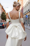 White Cold Shoulder Sheath Mini Wedding Dress with Bow