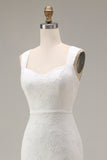 Ivory Sheath Spaghetti Straps Lace Appliqued Midi Wedding Dress