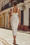 Ivory Sheath Spaghetti Straps Lace Appliqued Midi Wedding Dress