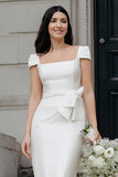 Ivory Bodycon Square Neck Midi Wedding Dress