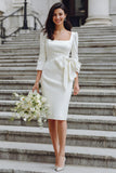 Ivory Bodycon Square Neck Midi Wedding Dress with Sleeves