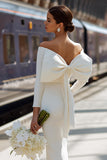 White Satin Bodycon Off the Shoulder Midi Wedding Dress with Bow