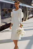 White Bodycon Round Neck Long Sleeve Midi Wedding Dress with Bow