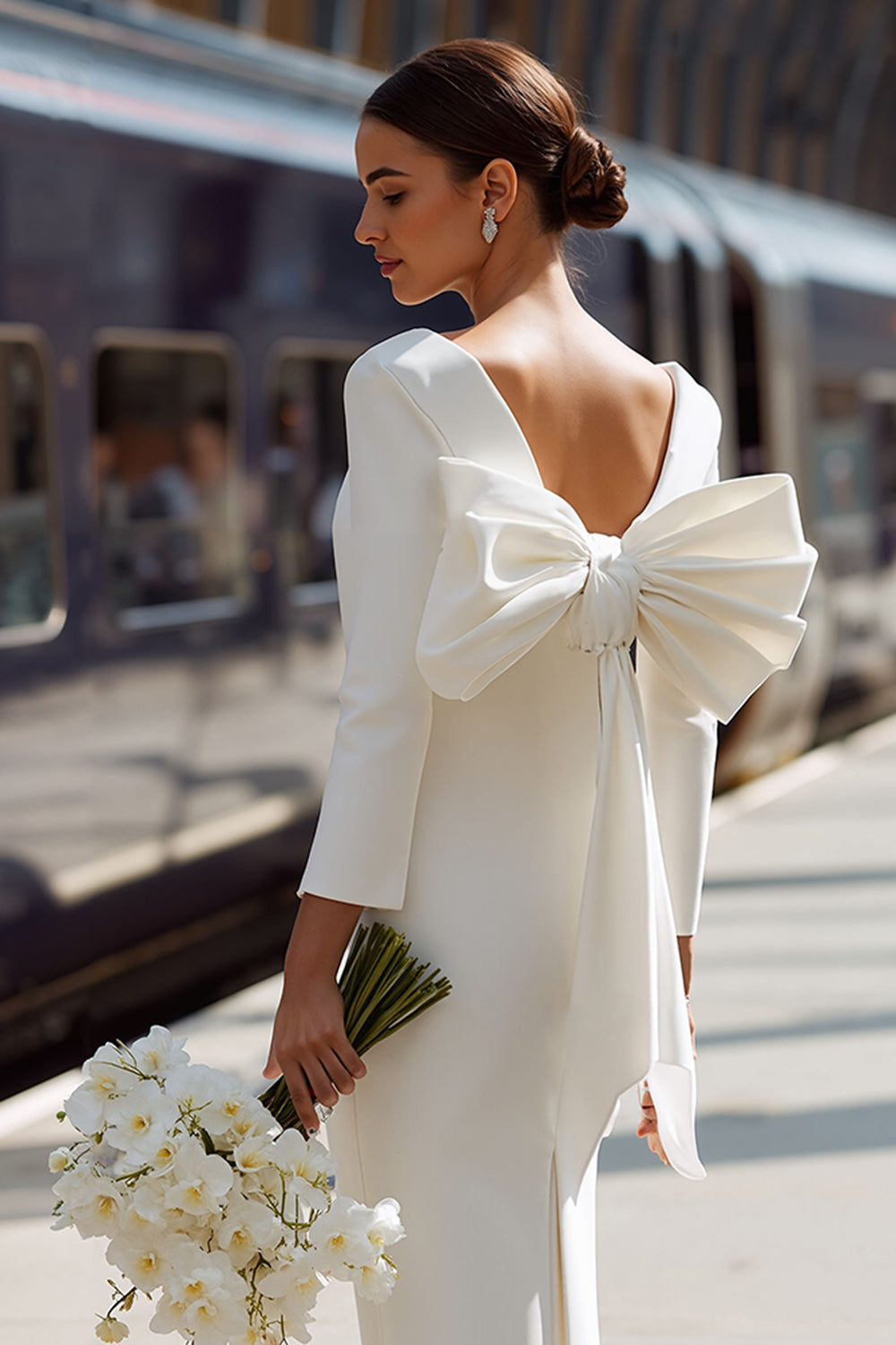 Zapaka Women White Bodycon Midi Wedding Dress with Bow Round Neck V-Back Rehearsal Dinner Dress with Sleeves ZAPAKA NZ Zapaka Women White Bodycon Midi Wedding Dress with Bow Round Neck V-Back Rehearsal Dinner Dress with Sleeves ZAPAKA NZ