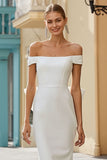 White Satin Bodycon Off the Shoulder Long Wedding Dress with Bow