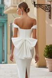 White Satin Bodycon Off the Shoulder Long Wedding Dress with Bow