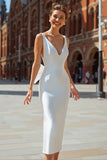 White V-Neck Sheath Midi Courthouse Wedding Dress with Bow