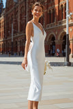 White V-Neck Sheath Midi Courthouse Wedding Dress with Bow