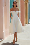 Off The Shoulder White A Line Midi Wedding Dress