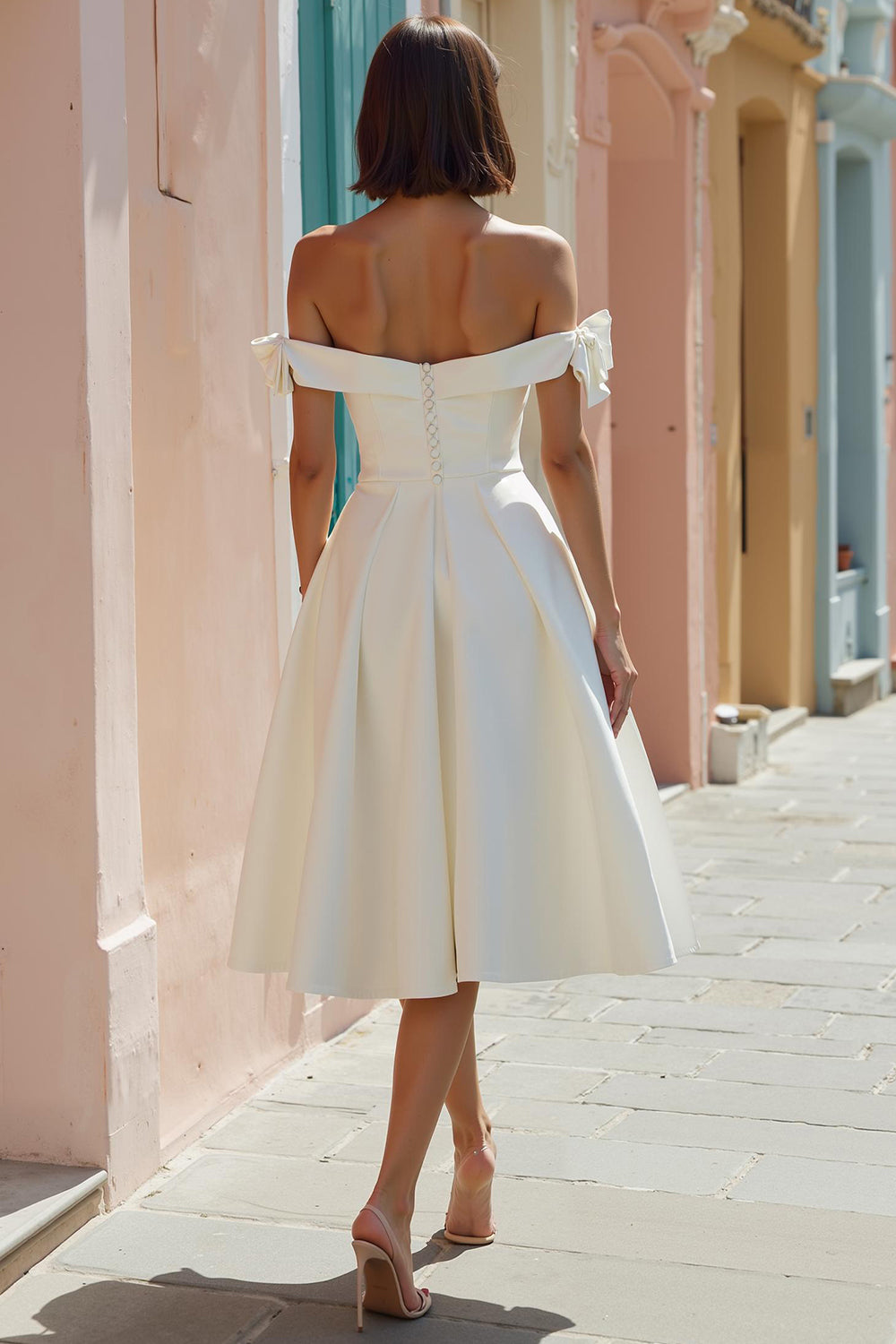 Zapaka Women Off The Shoulder Wedding Dress White A Line Midi Wedding Reception Dress ZAPAKA NZ Zapaka Women Off The Shoulder Wedding Dress White A Line Midi Wedding Reception Dress ZAPAKA NZ