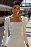 White Sheath Long Sleeve Courthouse Wedding Dress with Bow