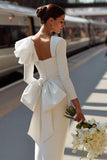 White Sheath Long Sleeve Courthouse Wedding Dress with Bow