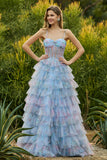 Blue A-Line Floral Tiered Ruffle Corset Long Ball Dress with Slit