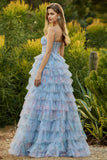 Blue A-Line Floral Tiered Ruffle Corset Long Ball Dress with Slit
