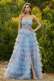 Blue A-Line Floral Tiered Ruffle Corset Long Ball Dress with Slit