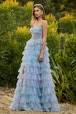 Blue A-Line Floral Tiered Ruffle Corset Long Ball Dress with Slit