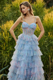 Blue A-Line Floral Tiered Ruffle Corset Long Ball Dress with Slit