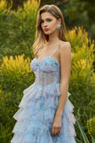 Blue A-Line Floral Tiered Ruffle Corset Long Ball Dress with Slit