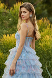 Blue A-Line Floral Tiered Ruffle Corset Long Ball Dress with Slit