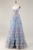 Blue Floral A-Line Tiered Ruffle Corset Long Ball Dress with Slit
