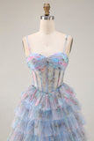 Blue Floral A-Line Tiered Ruffle Corset Long Ball Dress with Slit