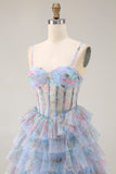 Blue Floral A-Line Tiered Ruffle Corset Long Ball Dress with Slit