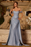 Sparkly Dusty Blue Off The Shoulder Mermaid Corset Satin Long Ball Dress with Slit