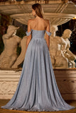 Sparkly Dusty Blue Off The Shoulder Mermaid Corset Satin Long Ball Dress with Slit