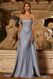 Sparkly Dusty Blue Off The Shoulder Mermaid Corset Satin Long Ball Dress with Slit