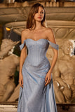 Sparkly Dusty Blue Off The Shoulder Mermaid Corset Satin Long Ball Dress with Slit