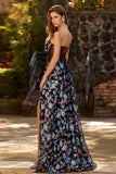 Black Strapless Floral A Line Sheer Corset Long Ball Dress with Slit