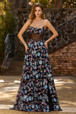 Black Strapless Floral A Line Sheer Corset Long Ball Dress with Slit