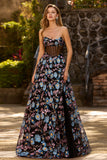 Black Strapless Floral A Line Sheer Corset Long Ball Dress with Slit