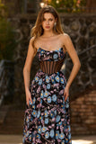 Black Strapless Floral A Line Sheer Corset Long Ball Dress with Slit