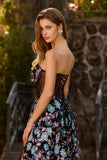 Black Strapless Floral A Line Sheer Corset Long Ball Dress with Slit