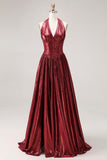 Burgundy Metallic A Line Halter Neck Corset Long Ball Dress with Slit