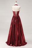 Burgundy Metallic A Line Halter Neck Corset Long Ball Dress with Slit
