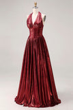 Burgundy Metallic A Line Halter Neck Corset Long Ball Dress with Slit