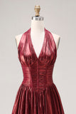 Burgundy Metallic A Line Halter Neck Corset Long Ball Dress with Slit