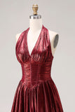 Burgundy Metallic A Line Halter Neck Corset Long Ball Dress with Slit