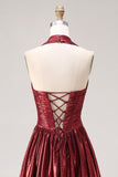 Burgundy Metallic A Line Halter Neck Corset Long Ball Dress with Slit