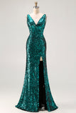 Sparkly Peacock Green Mermaid Open Back Sequin Long Prom Dress with Slit