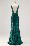 Sparkly Peacock Green Mermaid Open Back Sequin Long Prom Dress with Slit